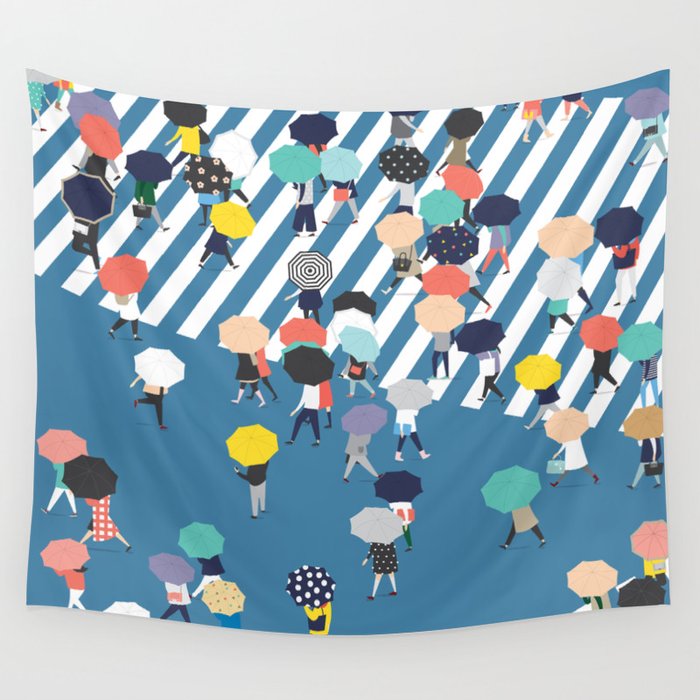 Crossing The Street On a Rainy Day - Blue Wall Tapestry