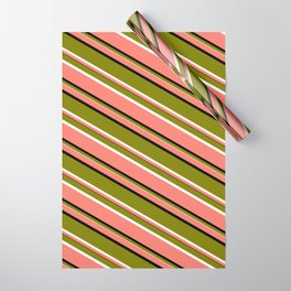 [ Thumbnail: Salmon, Black, Green, and White Colored Lines Pattern Wrapping Paper ]