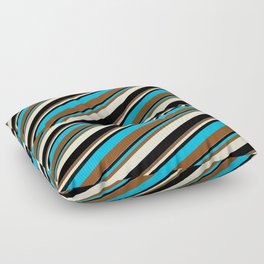 [ Thumbnail: Deep Sky Blue, Brown, Light Yellow & Black Colored Lines Pattern Floor Pillow ]