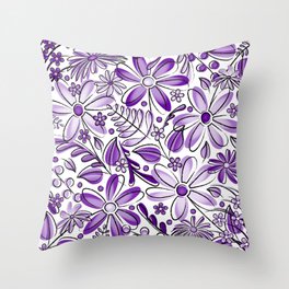 Purple and Lavender Flower Garden - Hand Drawn Vector Florals Throw Pillow