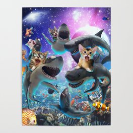 Space Cats Riding Sharks Poster