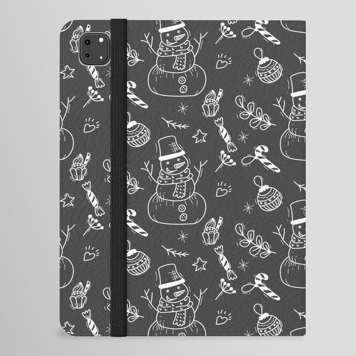 Dark Grey and White Christmas Snowman Doodle Pattern iPad Folio Case