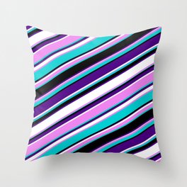[ Thumbnail: Eyecatching Violet, Dark Turquoise, Black, Indigo & White Colored Lines/Stripes Pattern Throw Pillow ]