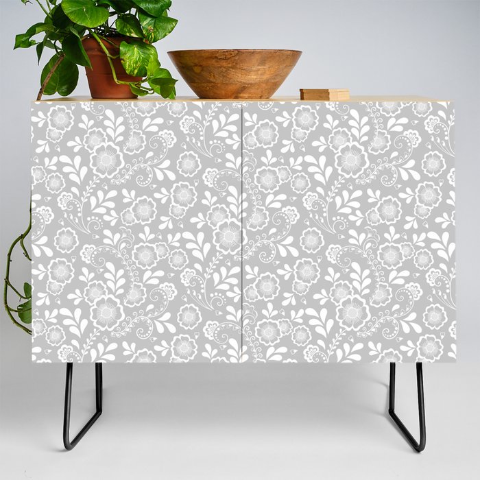 Light Grey And White Eastern Floral Pattern Credenza