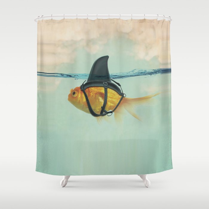 Brilliant DISGUISE - Goldfish with a Shark Fin Duschvorhang | Graphic-design, Animals, Pop-surrealism, Digital, Aqua, Goldfisch, Teal, Orange, Natur, Hai