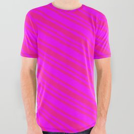 [ Thumbnail: Fuchsia and Deep Pink Colored Striped Pattern All Over Graphic Tee ]