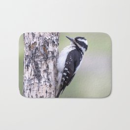 Watercolor Bird, Downy Woodpecker 01, RMNP, Colorado Bath Mat | Carlsonimagery, Park, Tree, Watercolor, Woodpecker, Forest, Black, Mountain, Colorado, Painting 