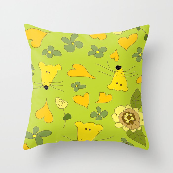 Yellow Mice Hearts and Flowers Digital Love Art Throw Pillow