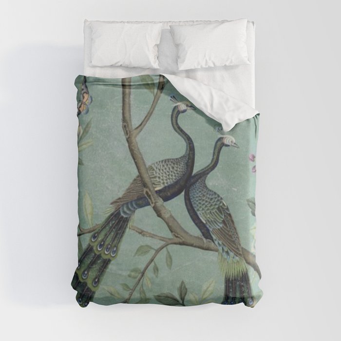 A Teal of Two Birds Chinoiserie Duvet Cover