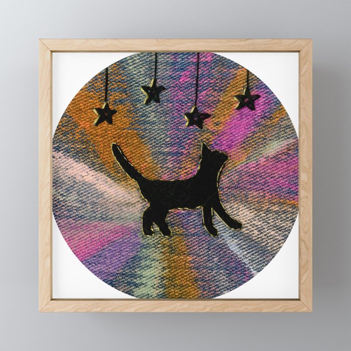 Starburst Kitty - Black Cat with Gold Stars and Rainbow Embroidery Framed Mini Art Print