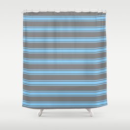 [ Thumbnail: Grey and Light Sky Blue Colored Lines Pattern Shower Curtain ]