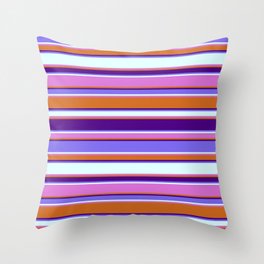 [ Thumbnail: Colorful Chocolate, Indigo, Medium Slate Blue, Light Cyan, and Orchid Colored Stripes Pattern Throw Pillow ]