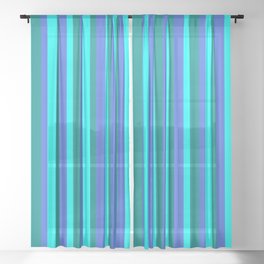 [ Thumbnail: Royal Blue, Dark Cyan, and Aqua Colored Stripes/Lines Pattern Sheer Curtain ]