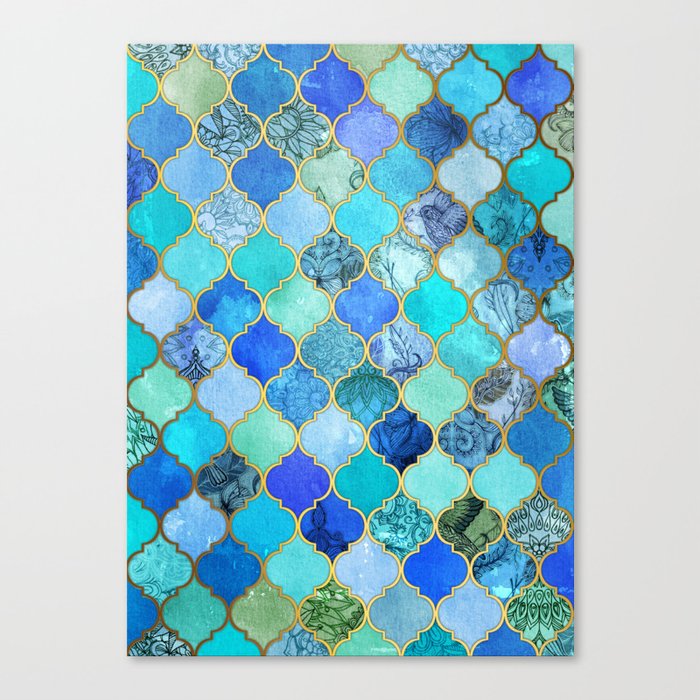 Cobalt Blue, Aqua & Gold Decorative Moroccan Tile Pattern Canvas Print