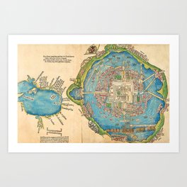1524 Ancient Aztec City of Tenochtitlan Aerial Mexico Map Art Print