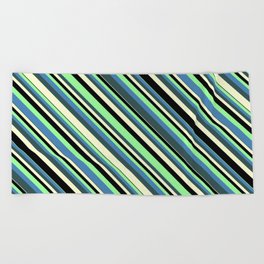 [ Thumbnail: Colorful Green, Blue, Dark Slate Gray, Light Yellow, and Black Colored Stripes/Lines Pattern Beach Towel ]