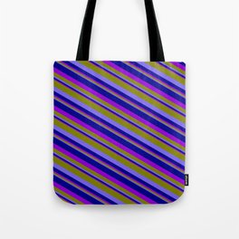 [ Thumbnail: Green, Medium Slate Blue, Dark Blue, and Dark Violet Colored Pattern of Stripes Tote Bag ]