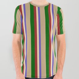 [ Thumbnail: Colorful Slate Blue, Beige, Brown, Dark Green, and Tan Colored Lines Pattern All Over Graphic Tee ]