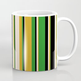 [ Thumbnail: Goldenrod, Beige, Black & Forest Green Colored Striped Pattern Coffee Mug ]