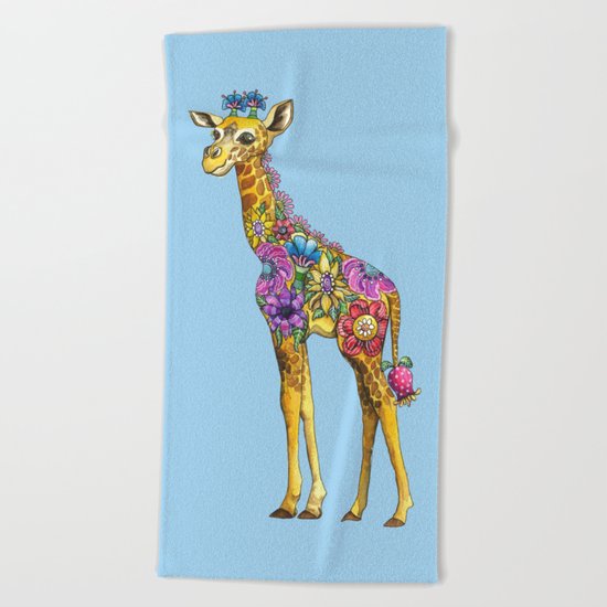 Geraldine the Geniunely Nice Giraffe Blue Beach Towel