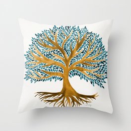 Tree of Life Watercolor – Ochre & Teal Throw Pillow