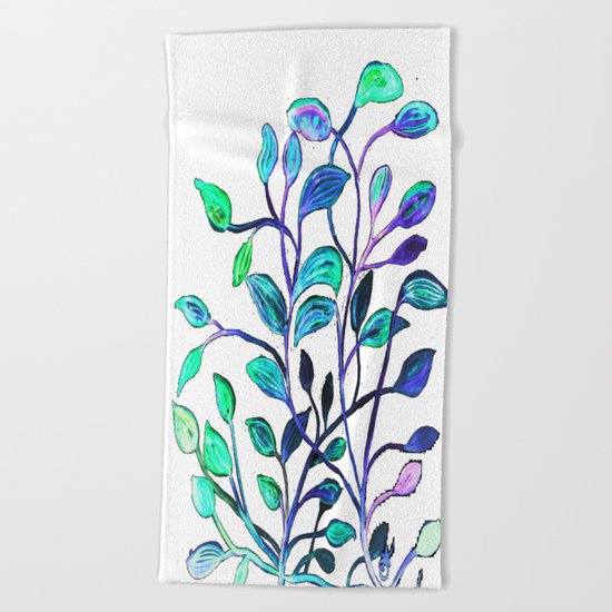 Shiny Silver Teal Leaves Beach Towel