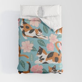Cats & Blooms - Turquoise Pink Palette Comforter