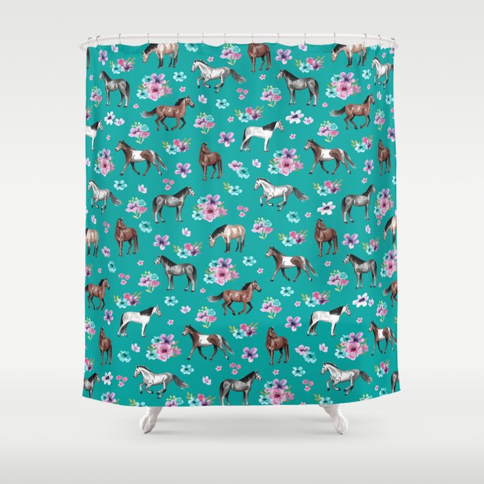Horse Pattern Floral Print Turquoise Little Girls Room Horses Shower Curtain By Cateandrainn