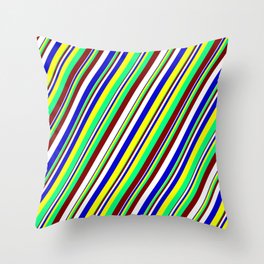 [ Thumbnail: Maroon, White, Blue, Yellow & Green Colored Striped Pattern Throw Pillow ]
