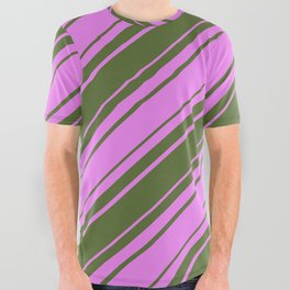 [ Thumbnail: Violet and Dark Olive Green Colored Lines/Stripes Pattern All Over Graphic Tee ]