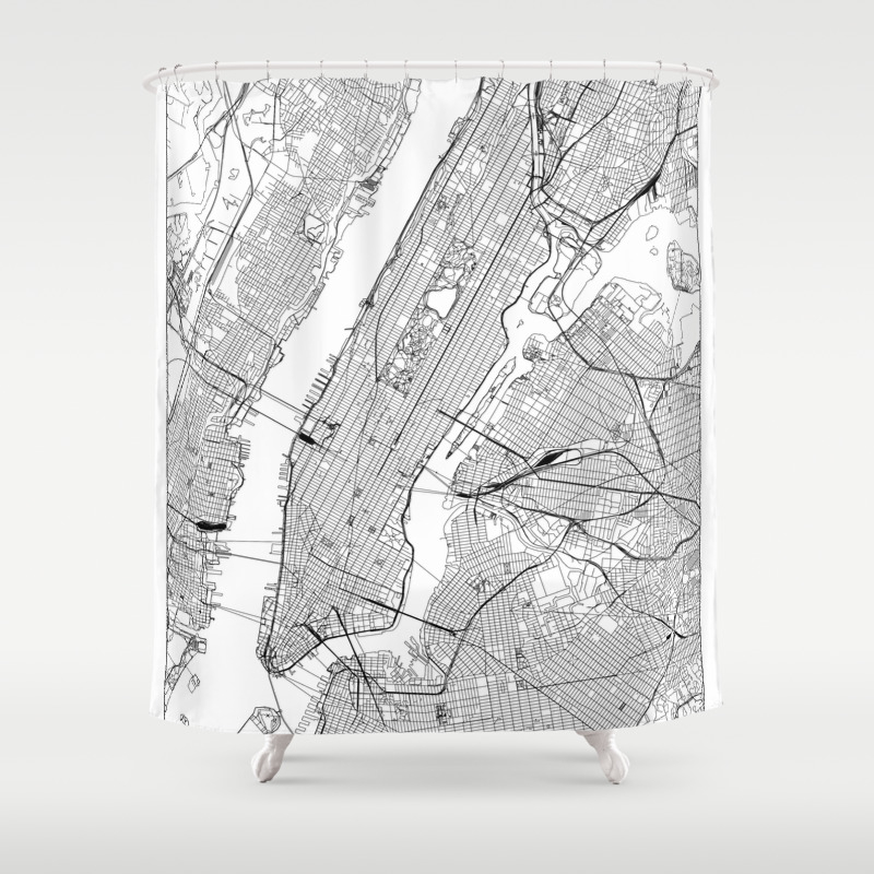 New York City White Map Shower Curtain, Black And White Map Shower Curtain