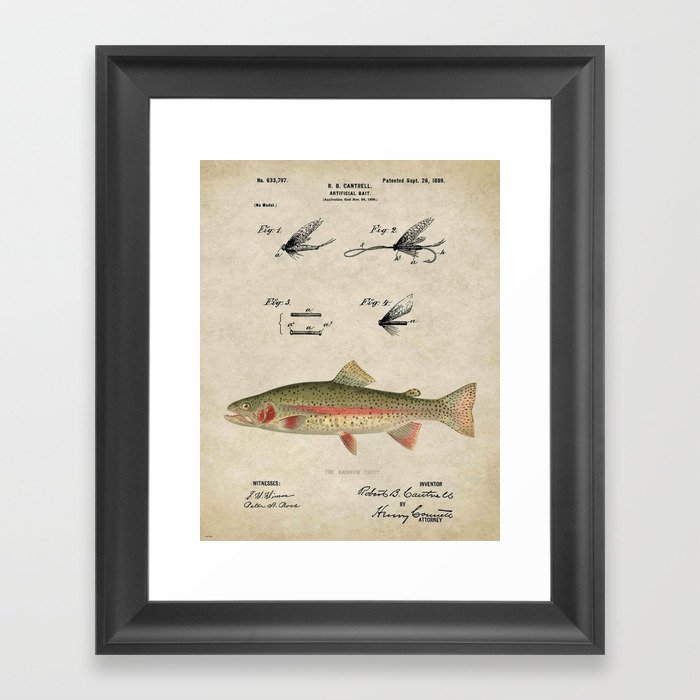 Vintage Rainbow Trout Fly Fishing Lure Patent Game Fish Identification Chart Framed Art Print
