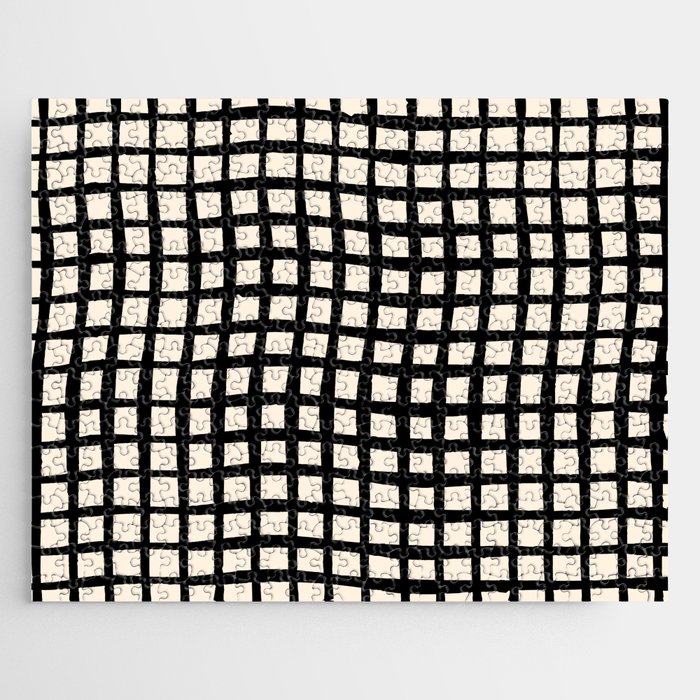 Warped Modern Minimalist Grid in Black and Almond Cream Jigsaw Puzzle