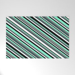 [ Thumbnail: Eyecatching Aquamarine, Gray, Dark Slate Gray, White & Black Colored Striped Pattern Welcome Mat ]