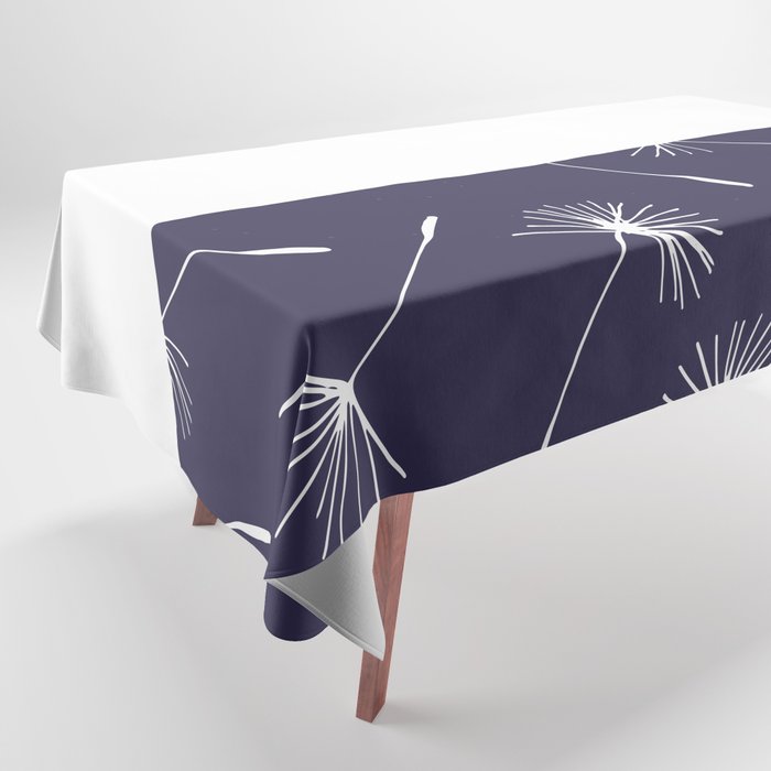 White Dandelion Lace Horizontal Split on Navy Blue Pur Tablecloth