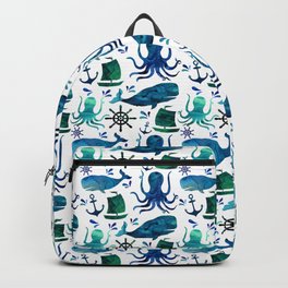 Watercolor Ocean Nautical Octopus Whale Pattern Backpack