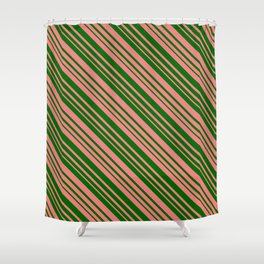 [ Thumbnail: Dark Green & Light Coral Colored Lined/Striped Pattern Shower Curtain ]