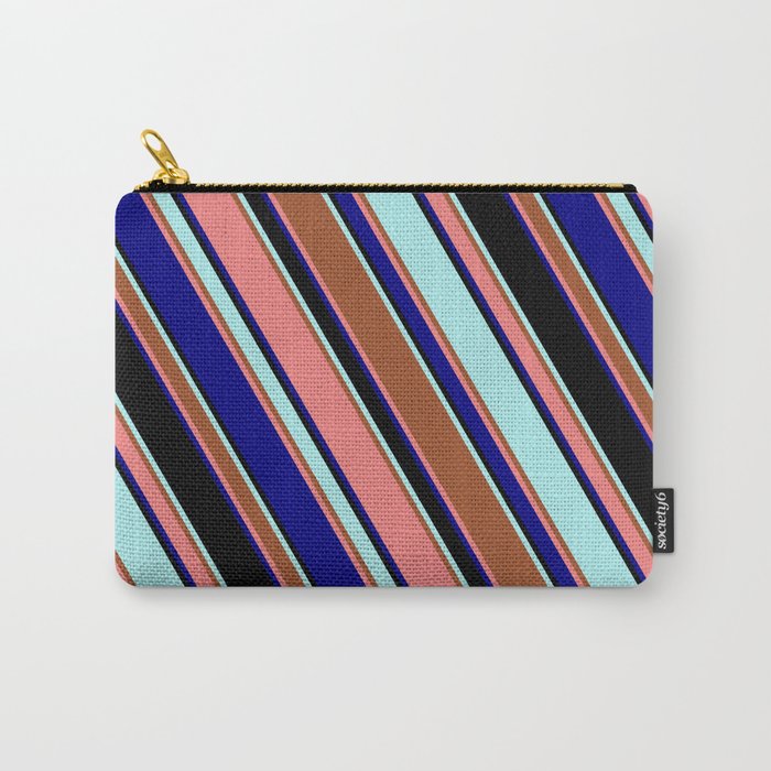 Eyecatching Turquoise, Sienna, Light Coral, Blue, and Black Colored Lined Pattern Carry-All Pouch