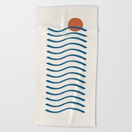 Sunset Sea Lines | Blue and Orange Ocean Waves Beach Towel