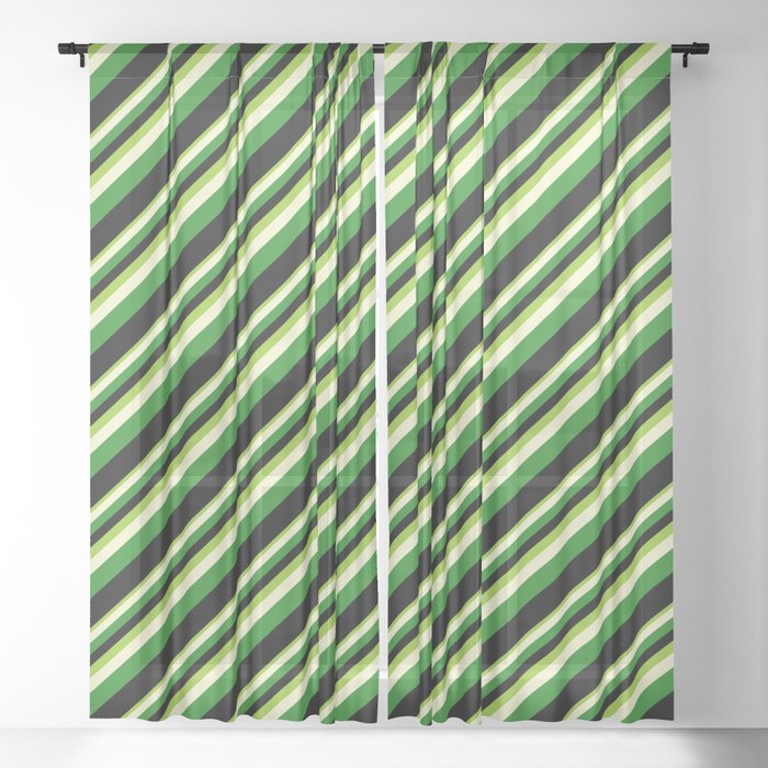 Green, Light Yellow, Forest Green & Black Colored Stripes Pattern Sheer Curtain