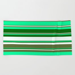 [ Thumbnail: Green, Dark Green, Mint Cream, and Dark Olive Green Colored Stripes/Lines Pattern Beach Towel ]