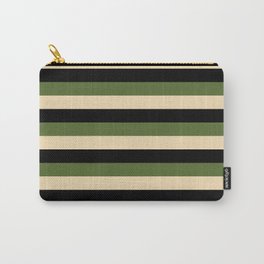 [ Thumbnail: Dark Olive Green, Tan & Black Colored Striped/Lined Pattern Carry-All Pouch ]