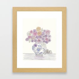 Flower Arrangement in Blue Ginger Jar with Sweet Cat Framed Art Print