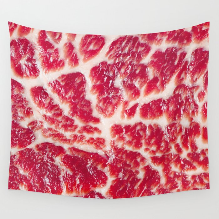 Fresh raw beef steak marbled meat texture close up background Wall Tapestry