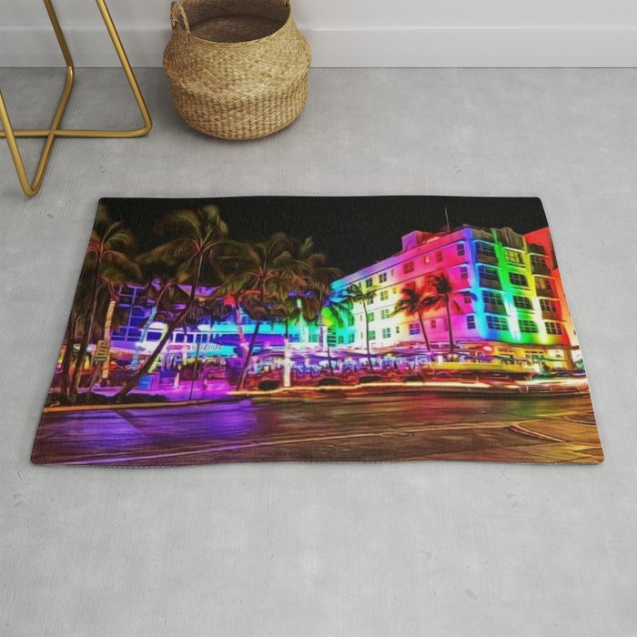 Clevelander Hotel Neon Lights, South Beach Miami Landscape Painting by Jeanpaul Ferro Rug
