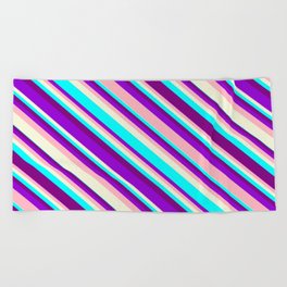 [ Thumbnail: Dark Violet, Light Pink, Beige, Cyan, and Purple Colored Lines Pattern Beach Towel ]