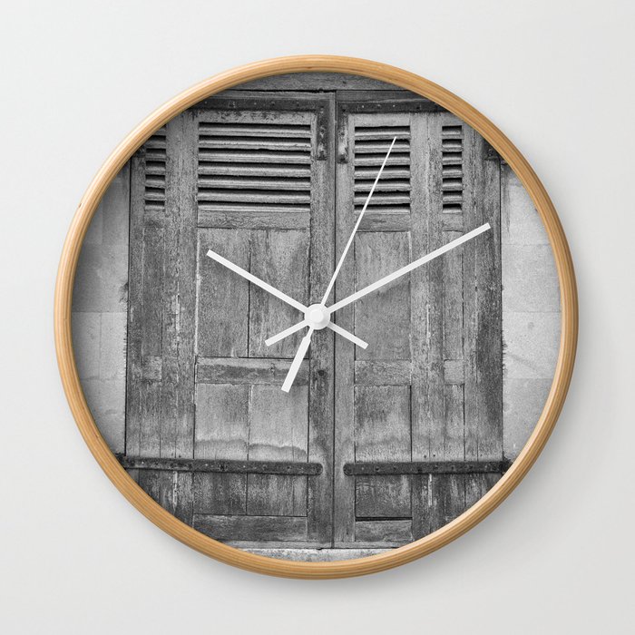 Black and white vintage shutters art print - vintage french window - street and travel photography Wall Clock