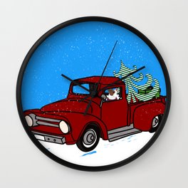 Pit Bull In Old Red Truck With Whimsical Christmas Tree Wall Clock
