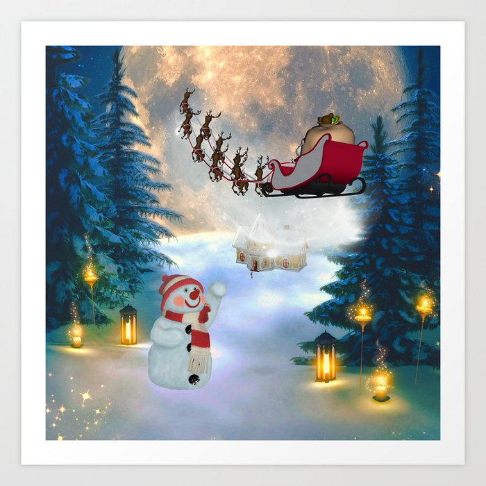 Christmas Snowman With Santa Claus Art Print By Nicky2342