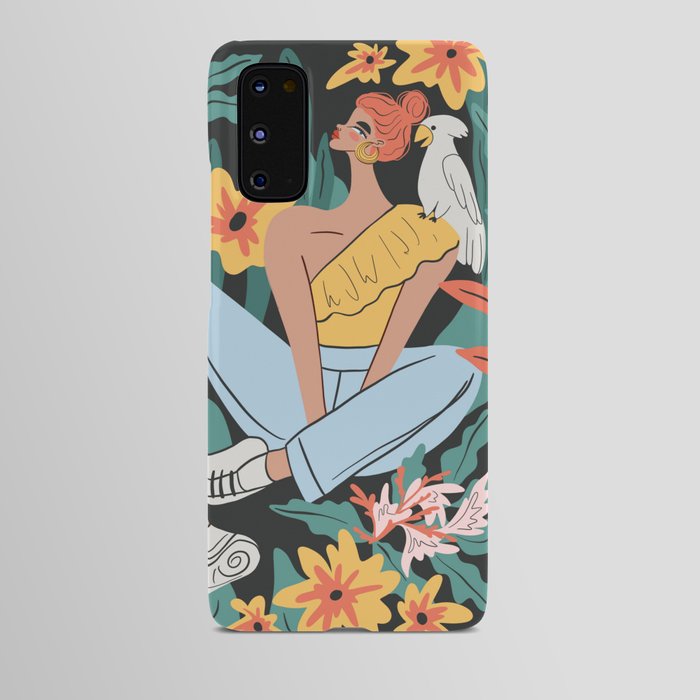 girl with a parrot on her shoulder on the background of the jungle Android Case